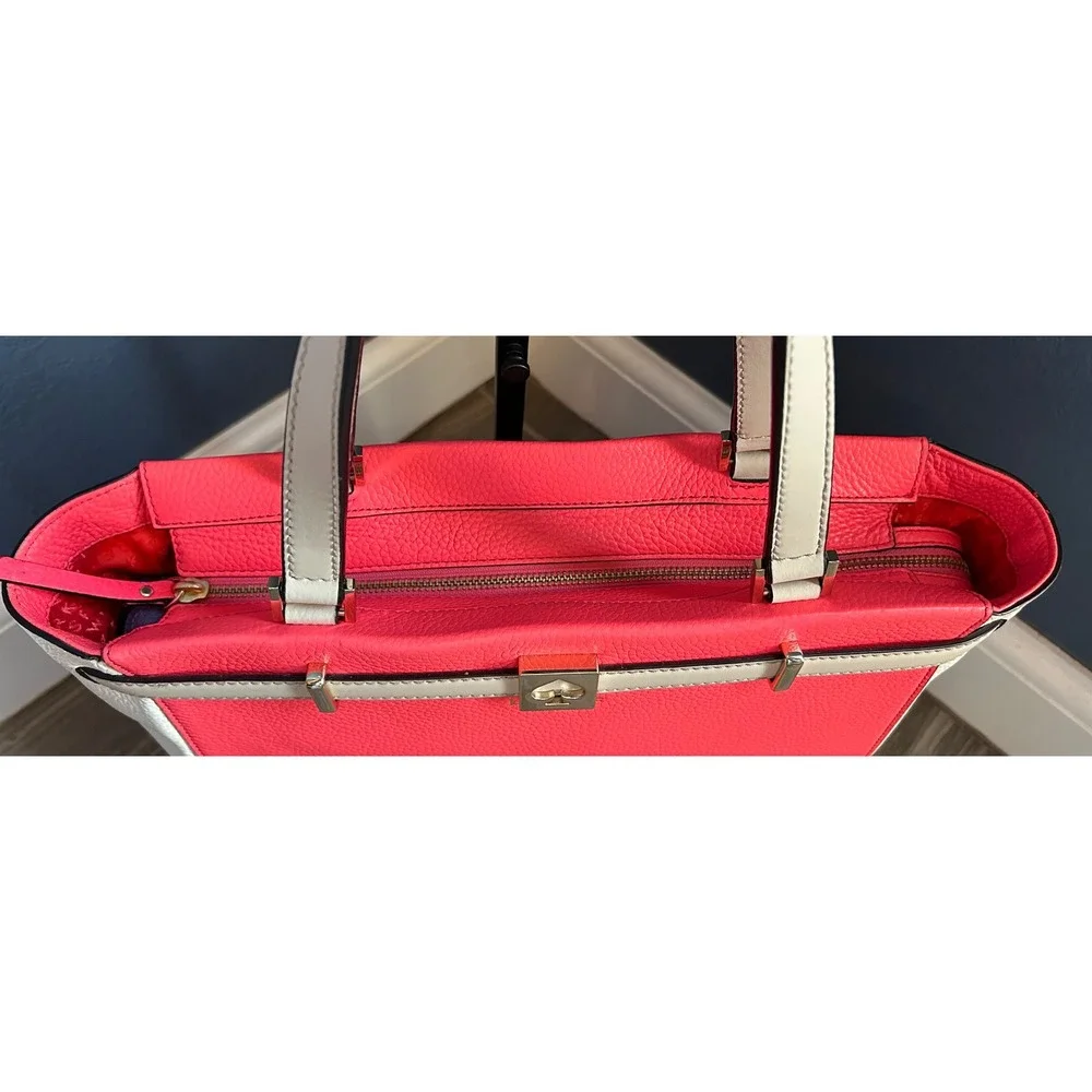 Kate Spade New York‎ Pebbled Leather Colorblock Tote Bag Coral Pink Purse w/ COA
